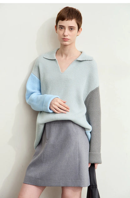 Damen V-Ausschnitt Pullover Patchwork Raglan locker Herbst-Winter