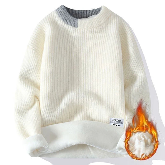 Dicker Herren-Pullover mit Rundhalsausschnitt und Patchwork-Design – Lockerer, elastischer Langarm für Herbst und Winter