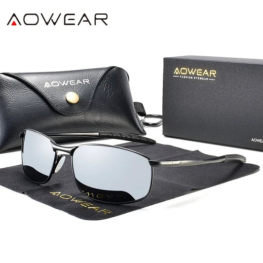 Polarisierte Sonnenbrille mit schwarzem Rahmen, silbernen Bügeln und Etui