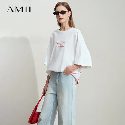 Damen T-Shirt aus ultraloch Stretch-Baumwolle mit Buchstaben-Bowknot-Aufdruck