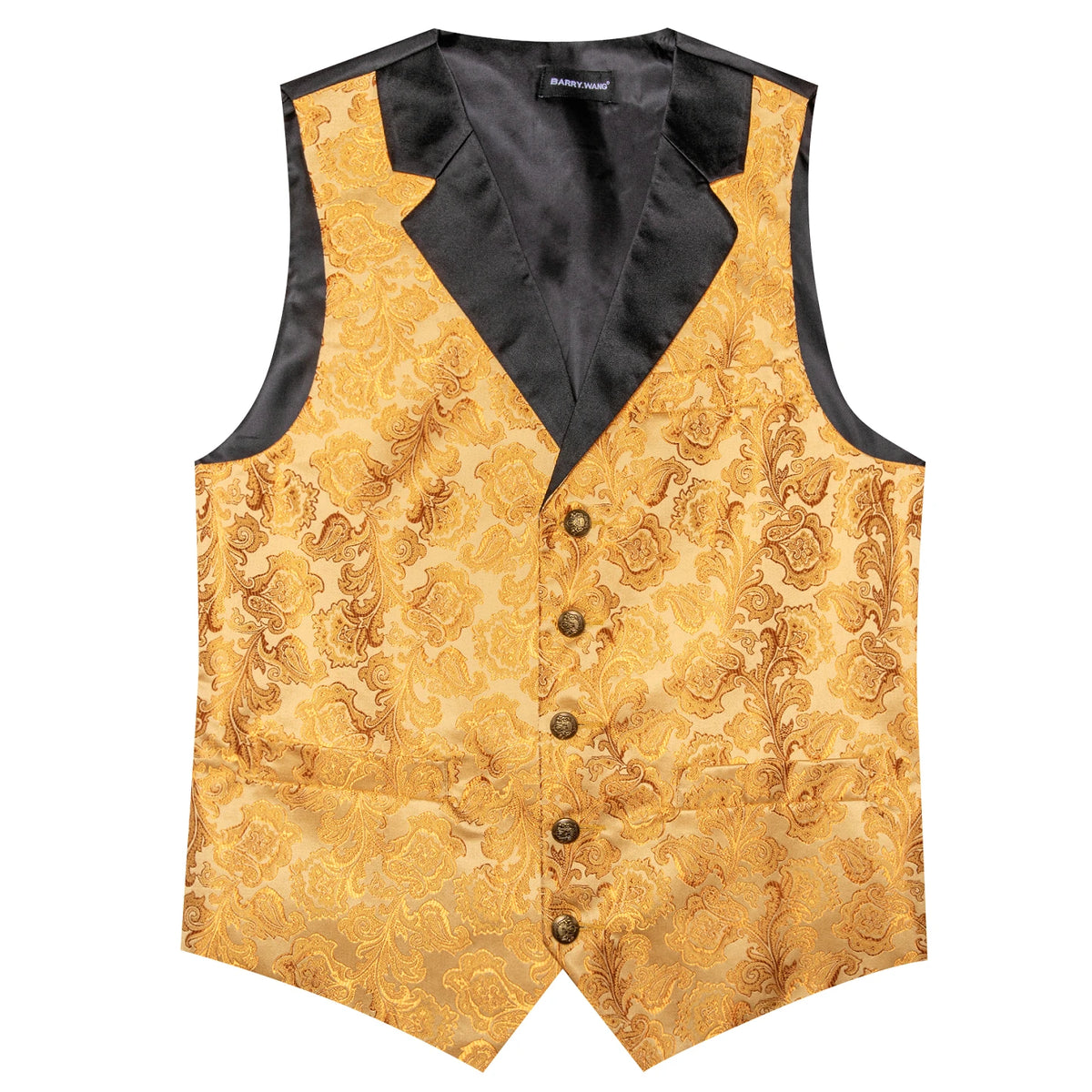 Goldene Jacquard-Herrenweste mit schwarzem Revers und goldfarbenen Knöpfen