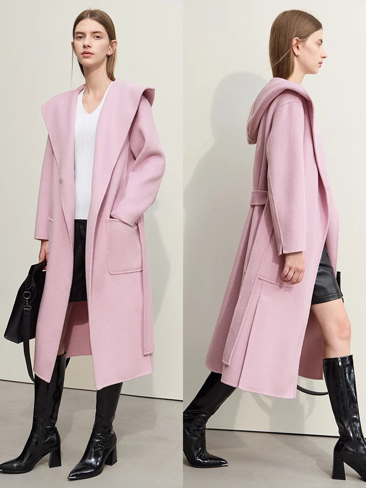 Damen Winter Mantel aus Wolle mit Kapuze und doppeltem Gürtel
