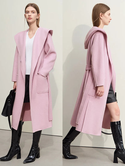 Damen Winter Mantel aus Wolle mit Kapuze und doppeltem Gürtel