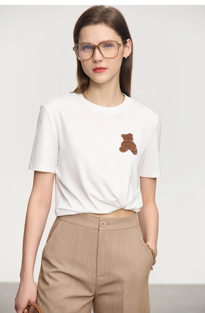 Damen Top im minimalistischen Stil mit Bären-Applikation und O-Ausschnitt