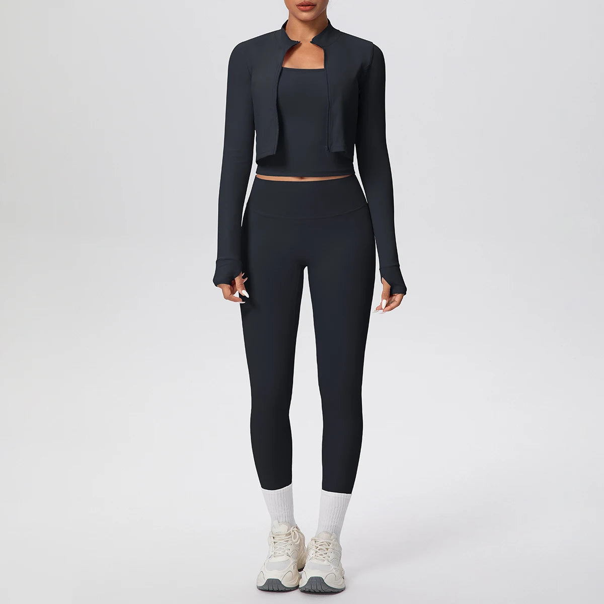 3-teiliges Yoga-Set für Damen (Graphitgrau): kurze Jacke und Leggings mit farblichen Einsätzen