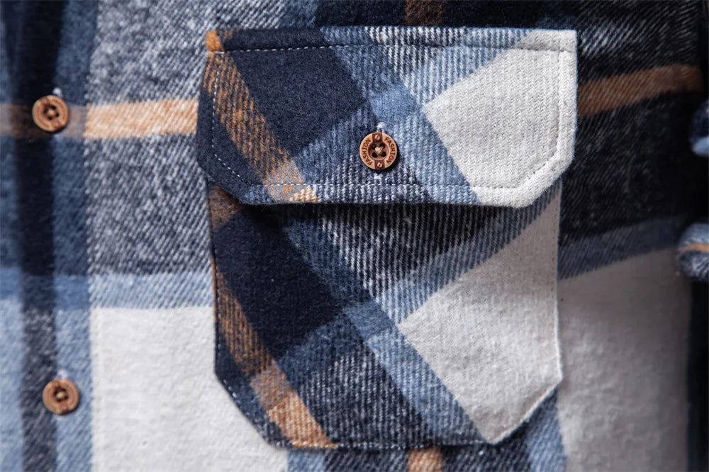 Herren Kariertes Hemd im Casual-Stil mit doppelten Taschen für Herbst und Winter