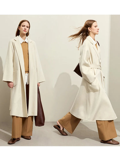 Damen Wollmantel im minimalistischen Stil mit Gürtel und Vintage-Blazer-Kragen