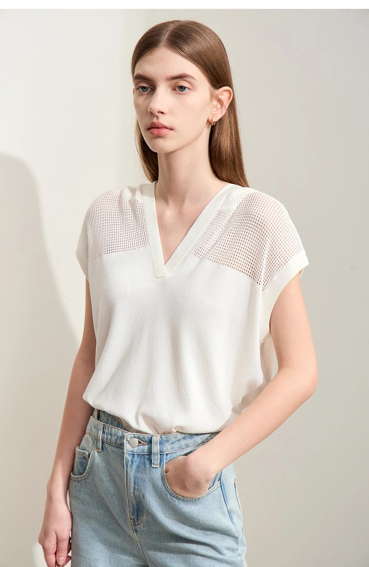 Damen-Kapuzenpullover Viskose Kurzarm locker Patchwork Sommer