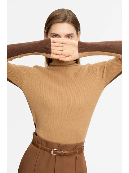 Damen-Rollkragenpullover 100 % Wolle Farbkontrast Slim Fit Frühling