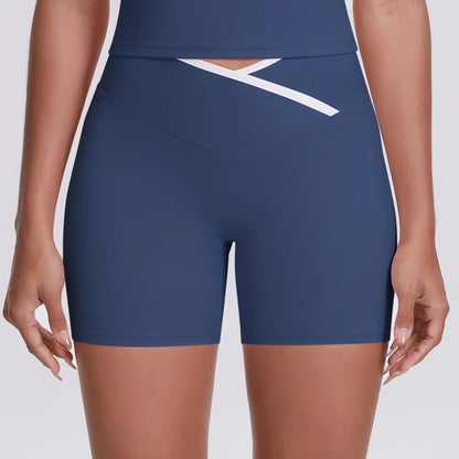 Damen-Yoga-Shorts, hochtailliert, dunkelblau, seitliche Rückenansicht mit weißem Zierband