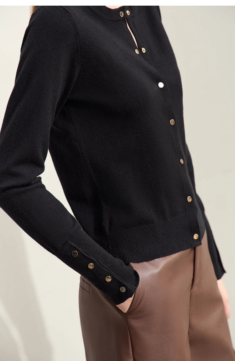 Damen-Strickjacke Rundhals Wolle Metallknopf französisch Büro Frühling