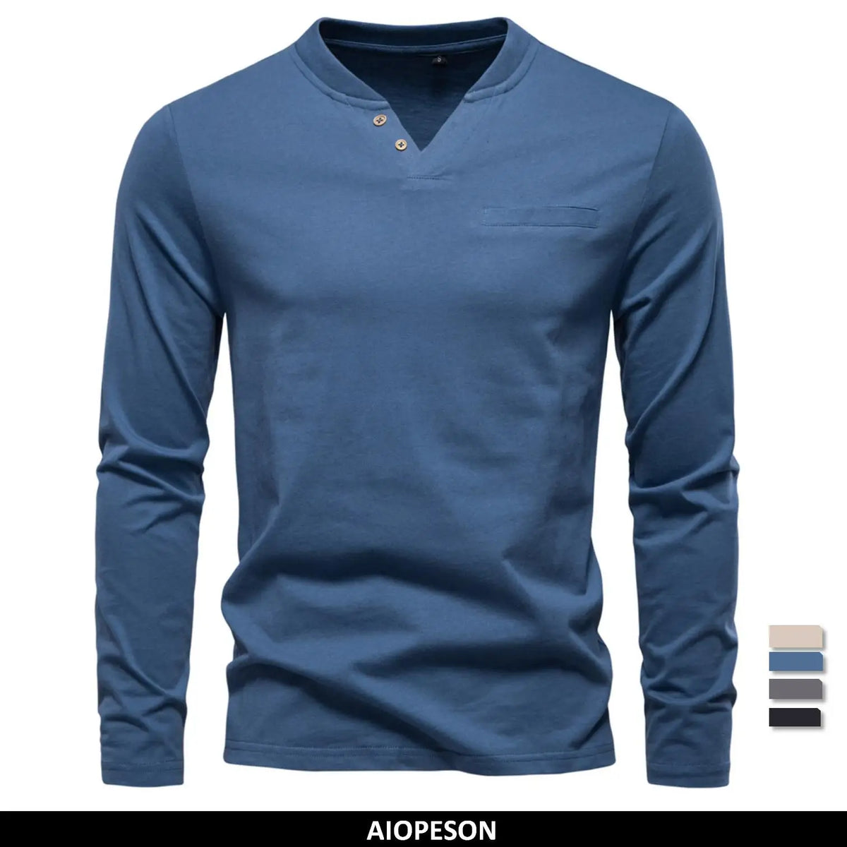 Herren-Langarmshirt mit V-Ausschnitt, dunkelblau, Knopfleiste und Brusttasche