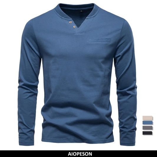 Herren-Langarmshirt mit V-Ausschnitt, dunkelblau, Knopfleiste und Brusttasche