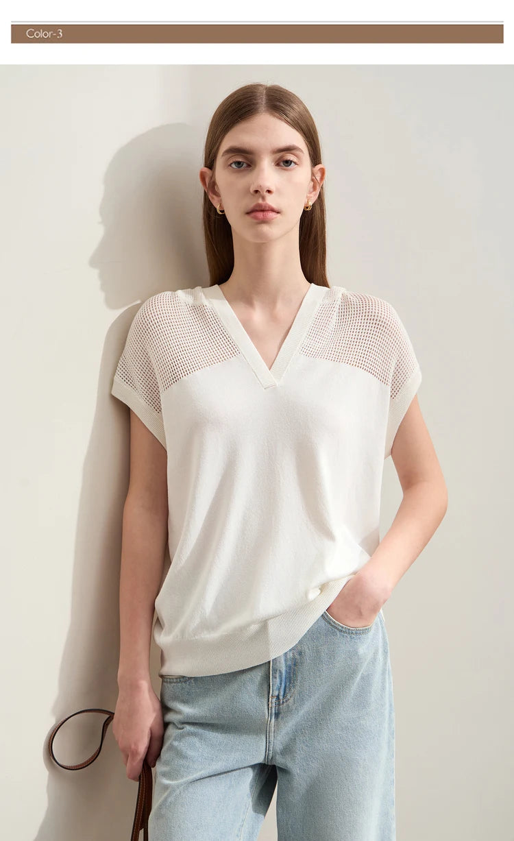 Damen-Kapuzenpullover Viskose Kurzarm locker Patchwork Sommer