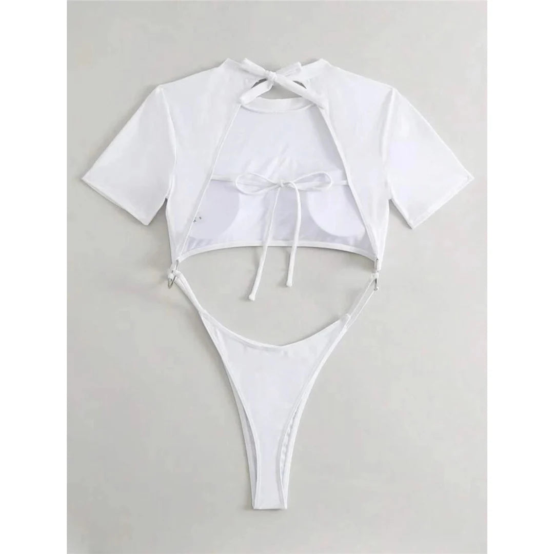 Damen Badeanzug Micro Tanga Cut-Out Monokini Kurzarm 9 Farben