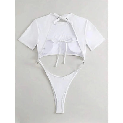 Damen Badeanzug Micro Tanga Cut-Out Monokini Kurzarm 9 Farben
