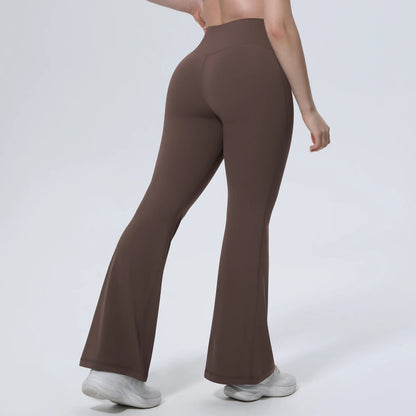 Damen-Sporthose mit hoher Taille, dunkelbraun, langes Schlagbein für Yoga
