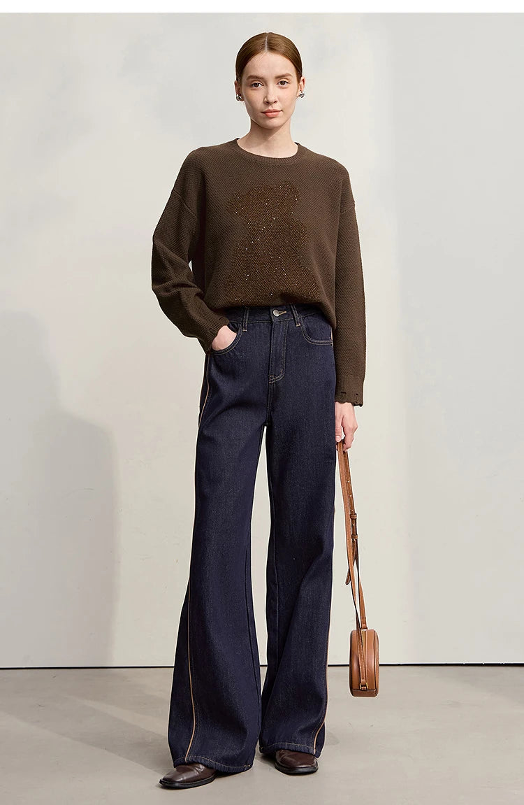 Damen-Rundhalspullover Jacquard Aushöhlung Perlenstickerei locker Winter