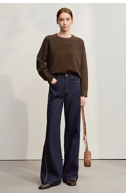 Damen-Rundhalspullover Jacquard Aushöhlung Perlenstickerei locker Winter