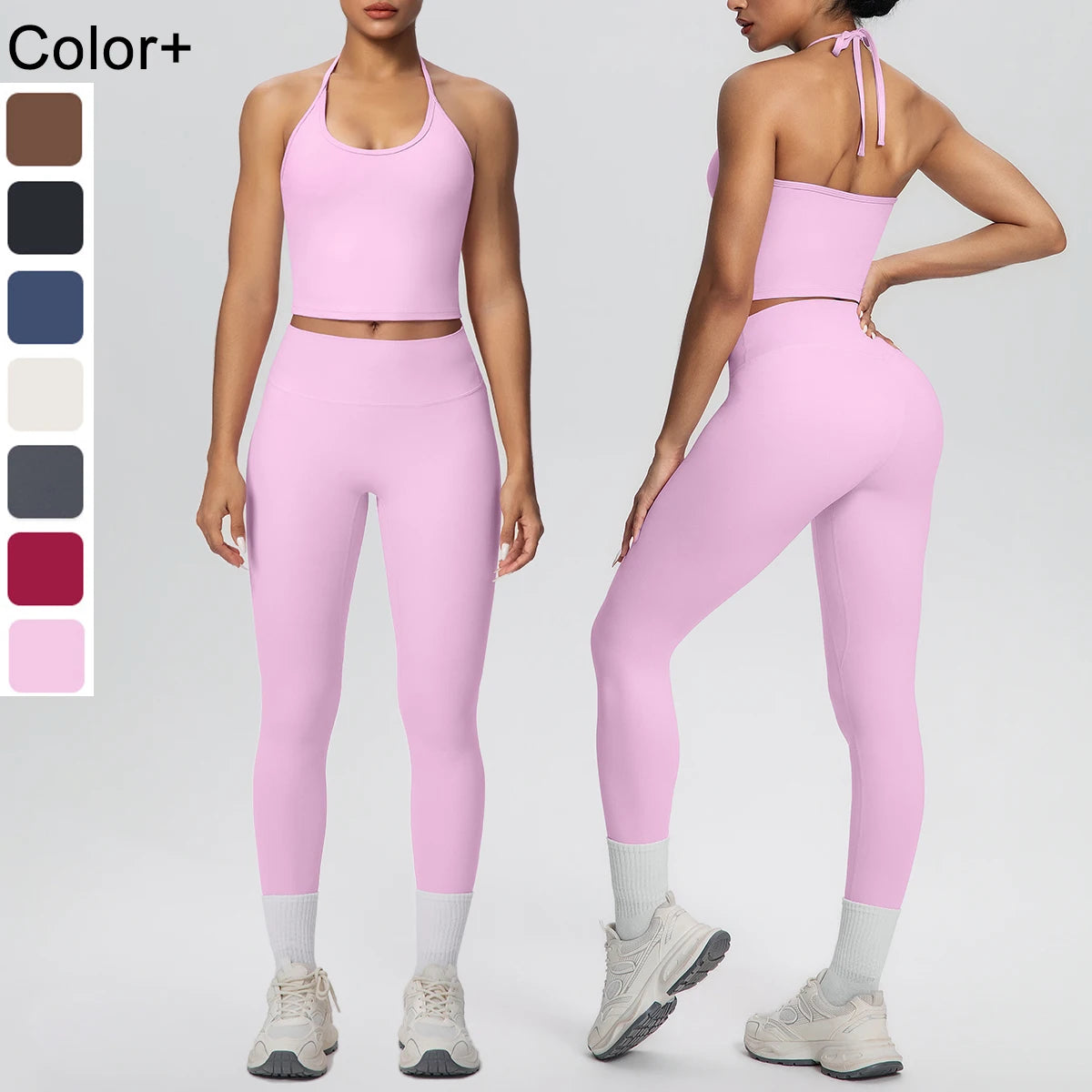 Rosa Damen-Yogaset: Tanktop und Capri-Leggings mit hellen Knöchel-Bündchen
