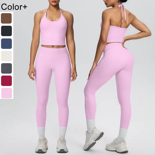 Rosa Damen-Yogaset: Tanktop und Capri-Leggings mit hellen Knöchel-Bündchen