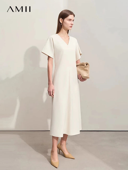 Damenkleid mit V-Ausschnitt und A-Linie, kurzarm, cremefarben