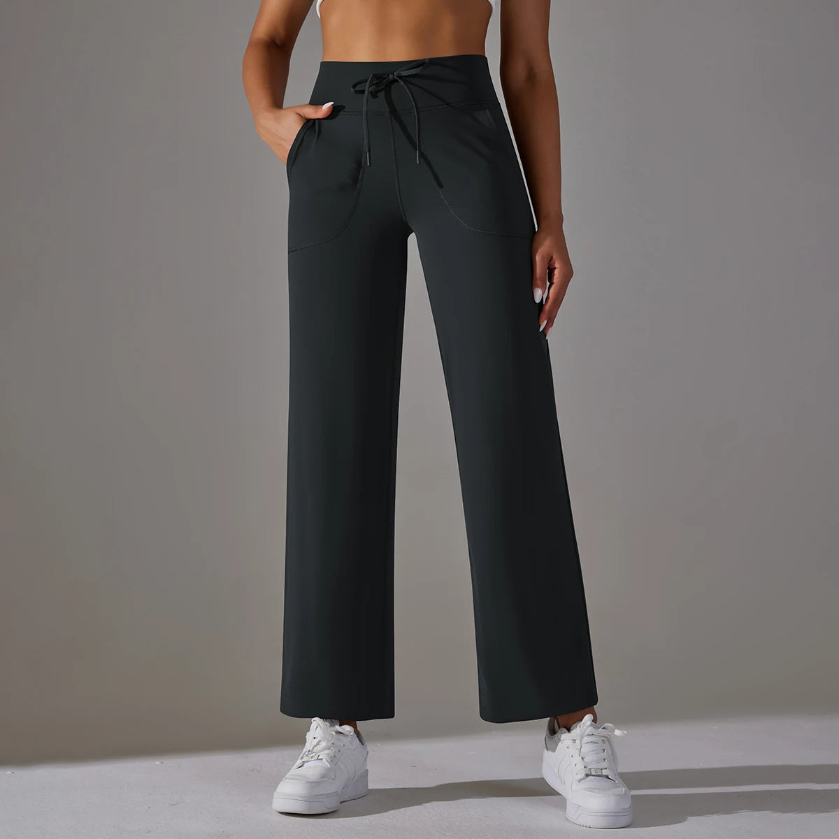 Damen-Leggings mit weitem Bein, hoher Taille und Taschen, schwarz