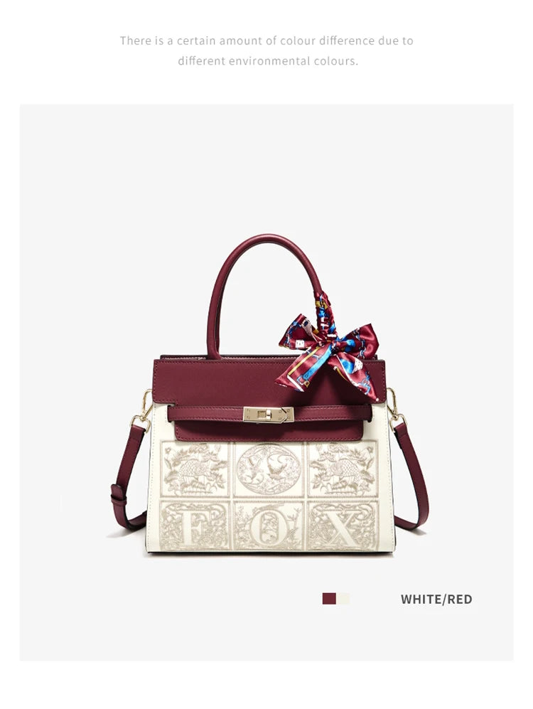 Damen Schultertasche aus Splitleder mit Stickerei im chinesischen Stil