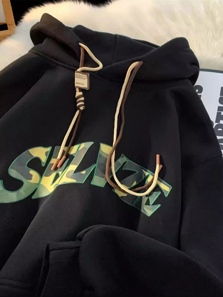 New in Camouflage Letter Printed Hooded Sweatshirts For Men Autumn Punk Hip Hop Fashion Hoodies Y2K Streetwear Fleece Hoody