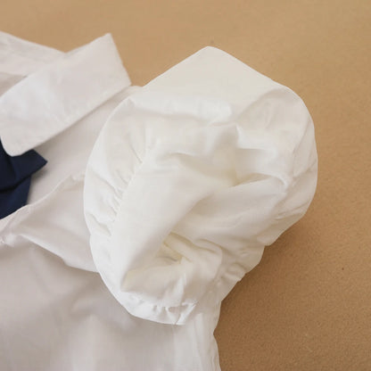 Mädchenkleid mit marineblauer Schleife, 100 % Baumwolle, kurzärmeliges, plissiertes Hemdkleid für lässige Schulkleidung, 5–12 Jahre, Sommerkleidung