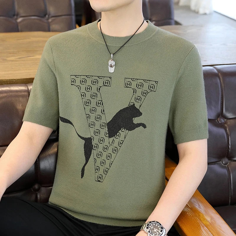 Männer Pullover im Retro-Jacquard-Stil mit lässigem Rundhalsausschnitt und kurzen Ärmeln
