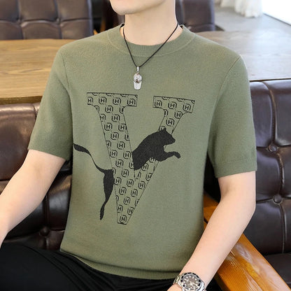 Männer Pullover im Retro-Jacquard-Stil mit lässigem Rundhalsausschnitt und kurzen Ärmeln
