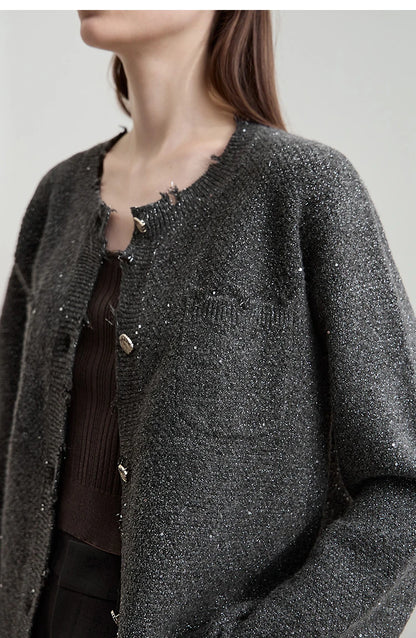 Damen-Strickjacke Rundhals englischer Stil einfarbig elegant Herbst