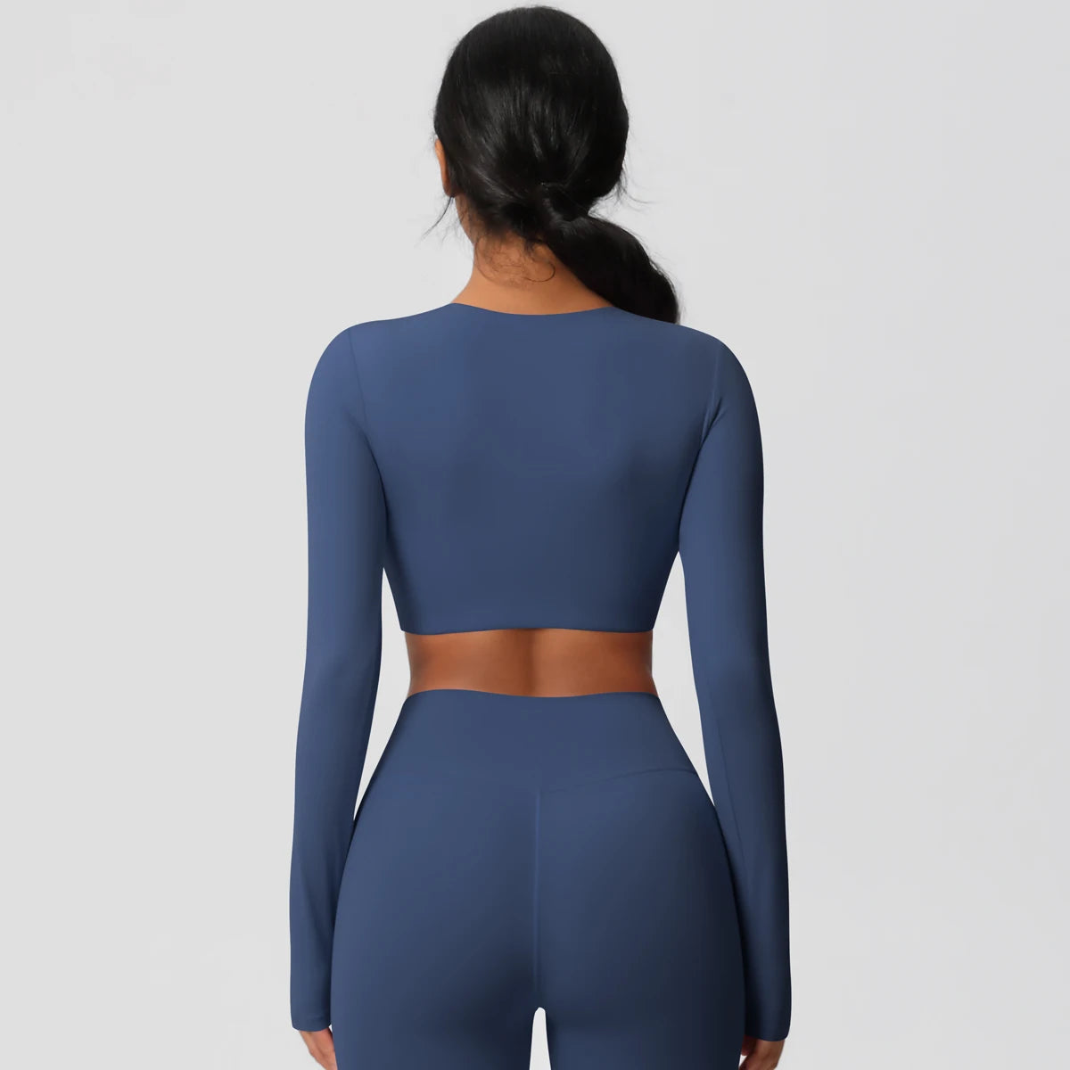 Sport-Top für Damen, langarm, eng anliegend, dunkelblau, Rückansicht