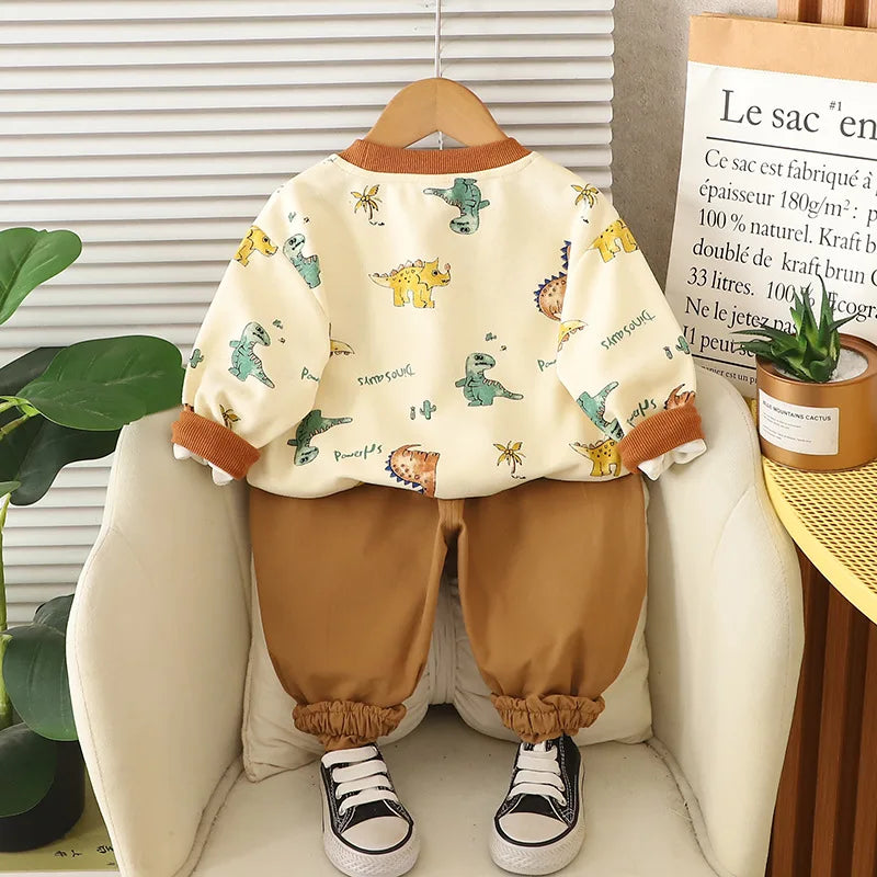 Kinder Hoodie-Set mit Cartoon-Dinosaurier-Pullover und lockeren Hosen für Jungen