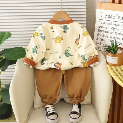 Kinder Hoodie-Set mit Cartoon-Dinosaurier-Pullover und lockeren Hosen für Jungen