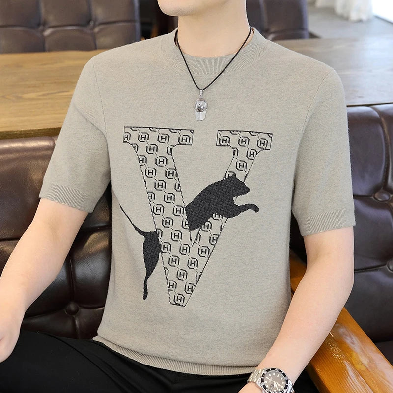 Männer Pullover im Retro-Jacquard-Stil mit lässigem Rundhalsausschnitt und kurzen Ärmeln
