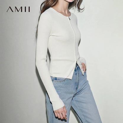 Damen-Rundhals-Cardigan Slim Doppelreißverschluss Viskose Frühling