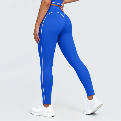 Nahtlose Yoga-Leggings mit hoher Taille, blau, sportliche Seitenstreifen und enges Bein.