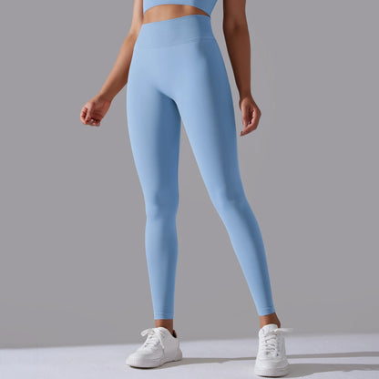 Nahtlose Yoga-Hose, hohe Taille, hellblau, Vorderansicht bis zum Knöchel