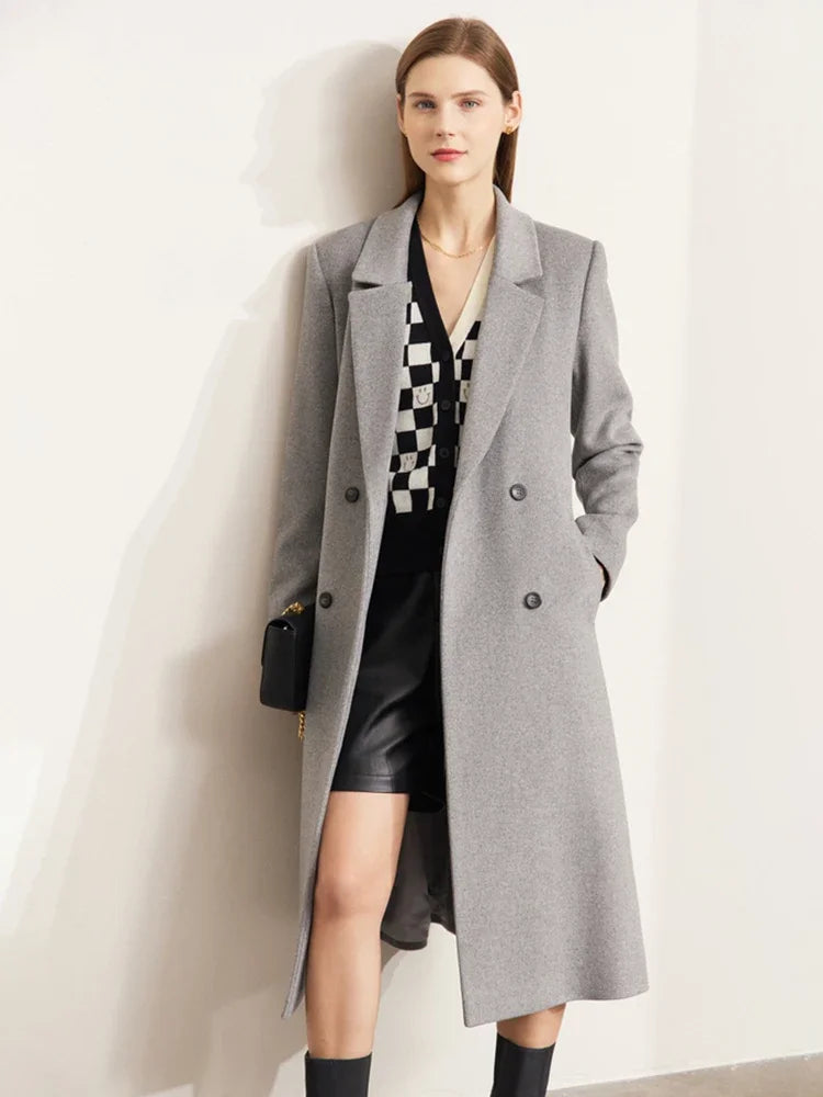 Damen Langer Mantel im Vintage-Stil mit Umlegekragen und Taschen