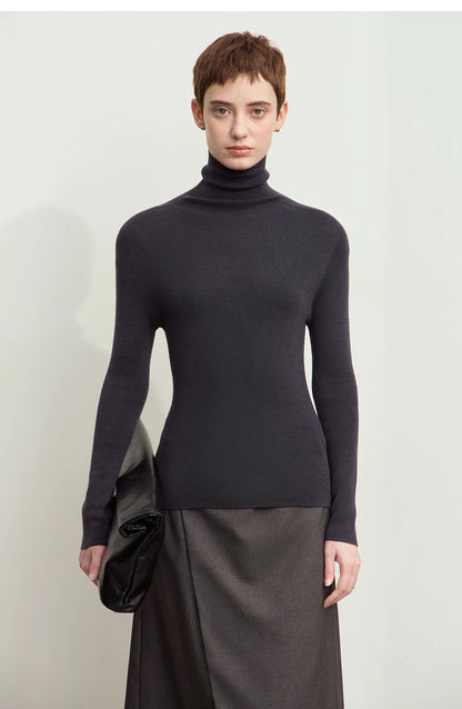 Damen-Rollkragenpullover 100 % Wolle Kammgarn schlank Winter