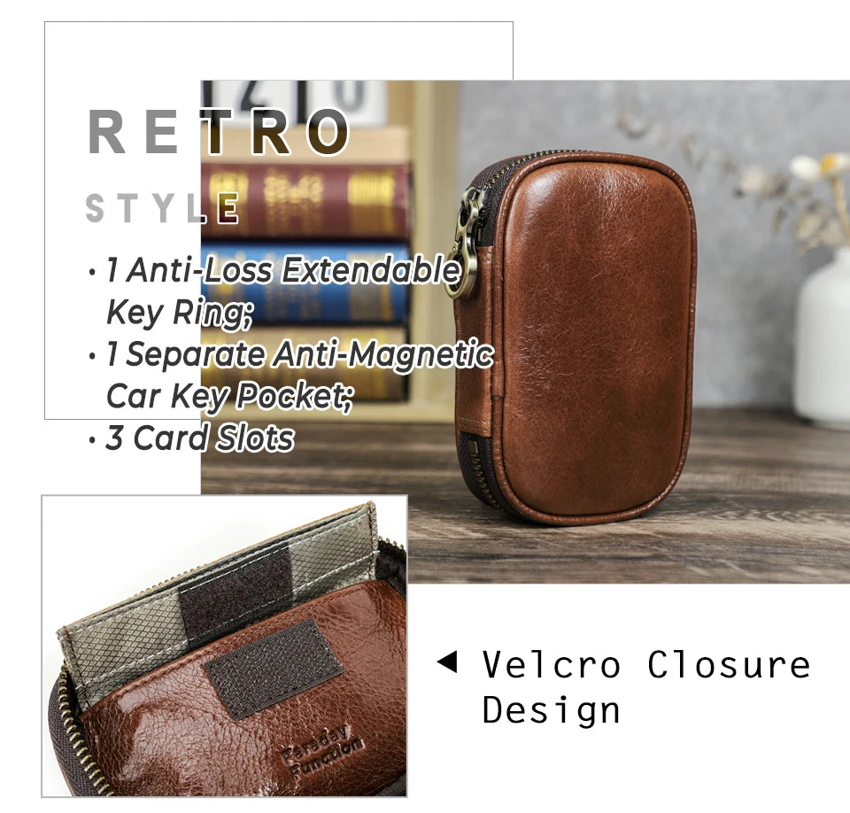 Braunes Echtleder-Autoschlüssel-Etui mit abgerundeter Korpusform und seitlichem Reißverschluss.
