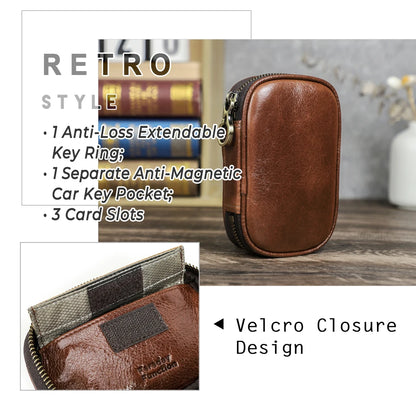 Braunes Echtleder-Autoschlüssel-Etui mit abgerundeter Korpusform und seitlichem Reißverschluss.