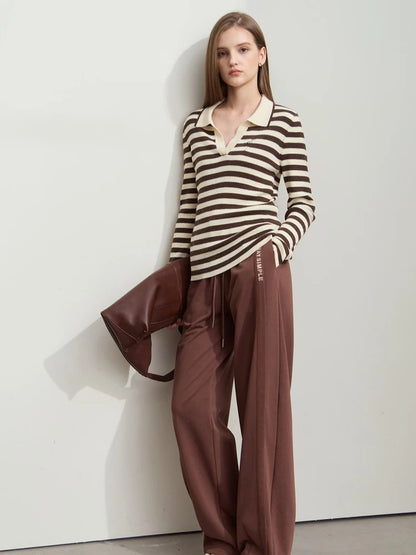 Damen V-Ausschnitt Pullover Streifen Stickerei Polo Kontrastfarben Herbst