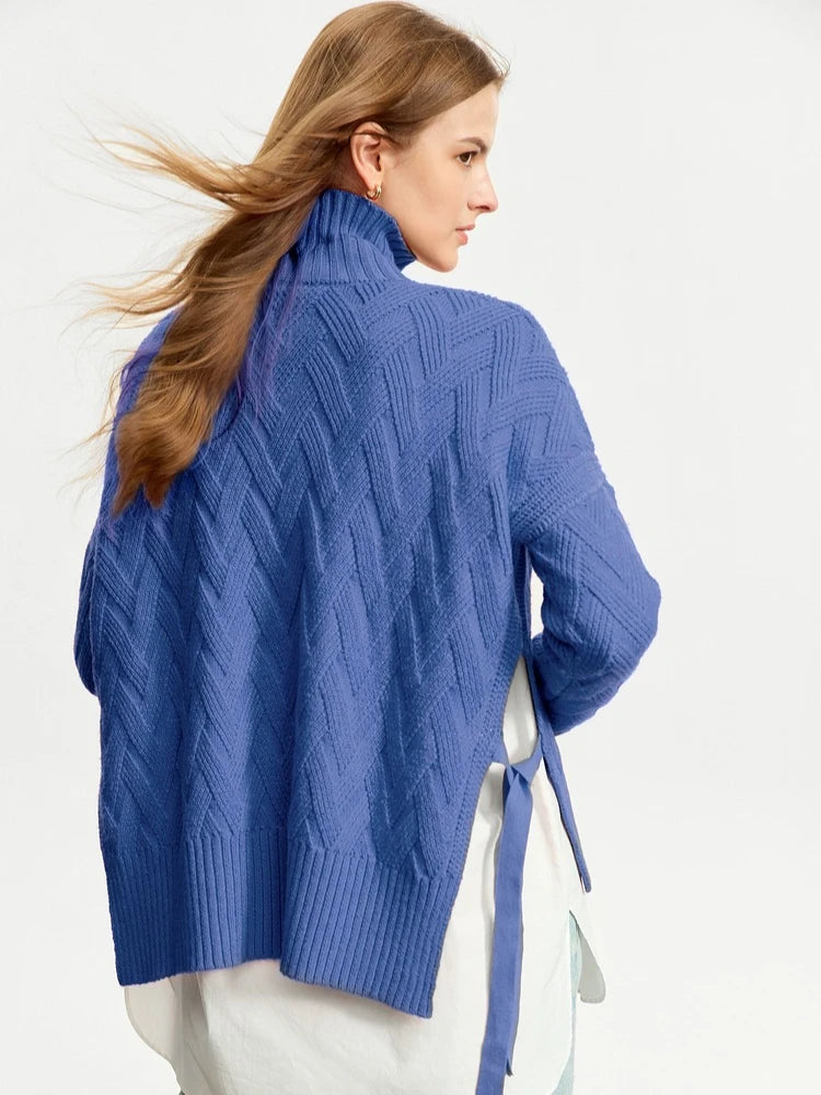 Damen-Rollkragenpullover locker Schnürung Herbst-Winter