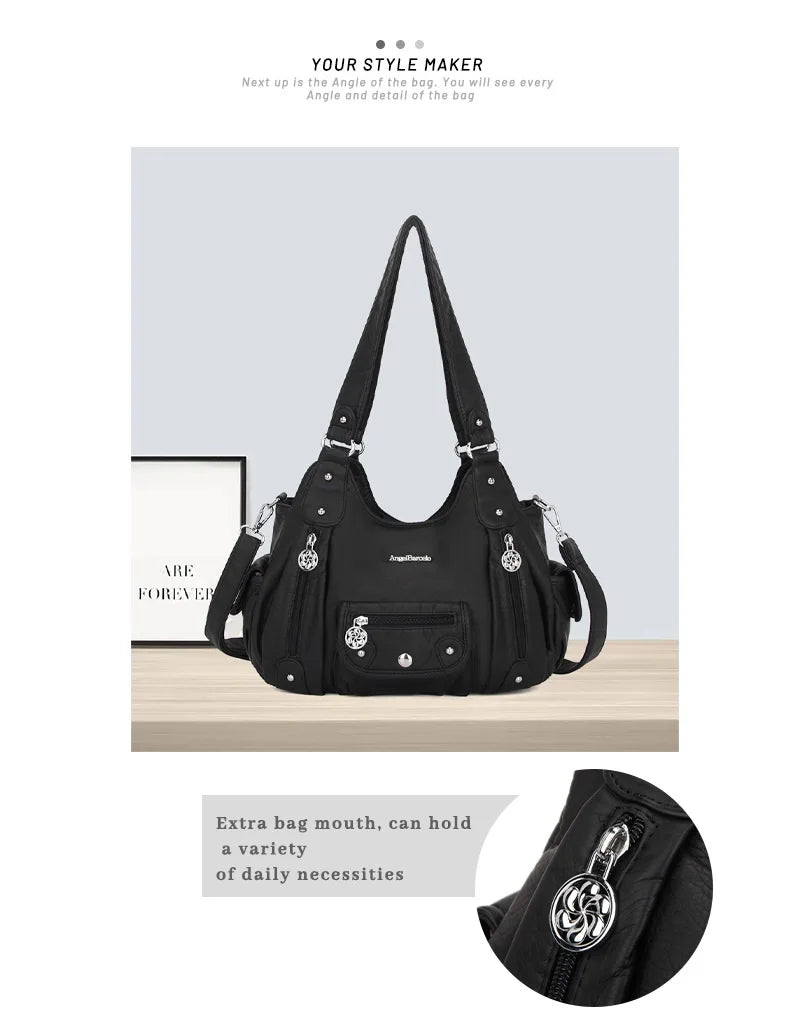 Damen-Handtasche mit Griff aus weichem Polyurethan im Vintage-Design und Mehrfachfächern für Alltag und Abend
