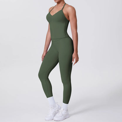 Damen Yoga-Set mit ärmelloser Weste und Leggings, dunkelgrün