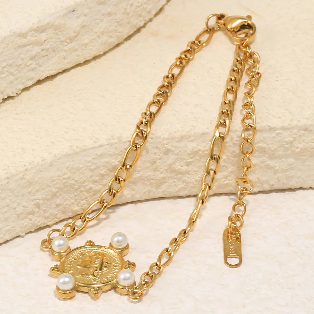 Damen-Armband mit Figaro-Kette und Porträtmünze
