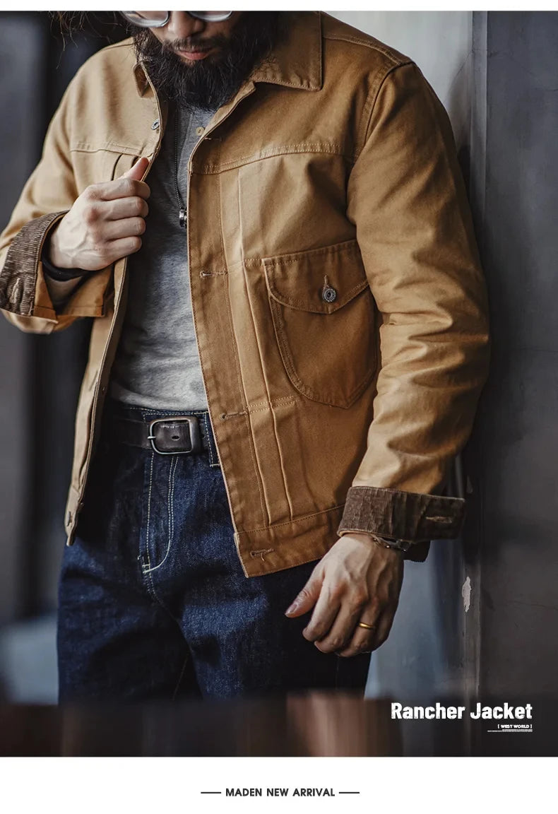 Herren Jeansjacke Vintage schwere Canvas Rancherjacken mit Kragen und Taschen